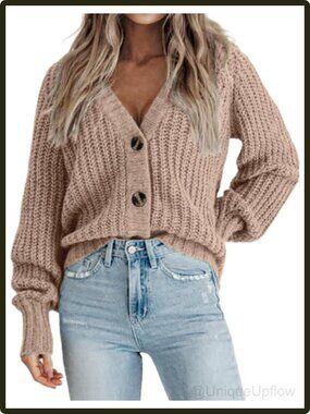 Chunky Knit Cardigan V-Neck Button Down Long Sleeve Sweater Puffy Sleeves Fall